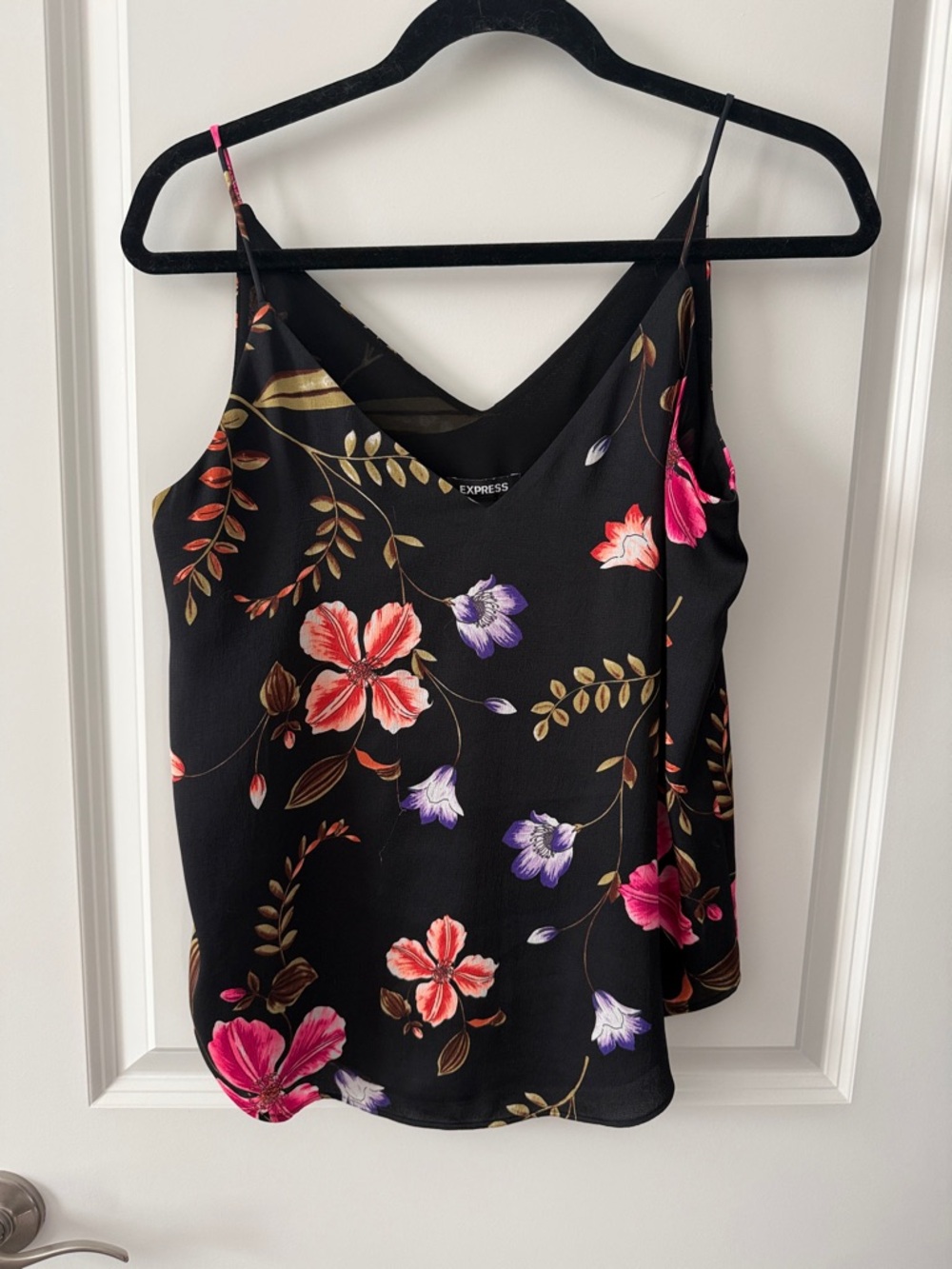 Express Black Floral V-Neck Cami with Pink & Purple Blooms